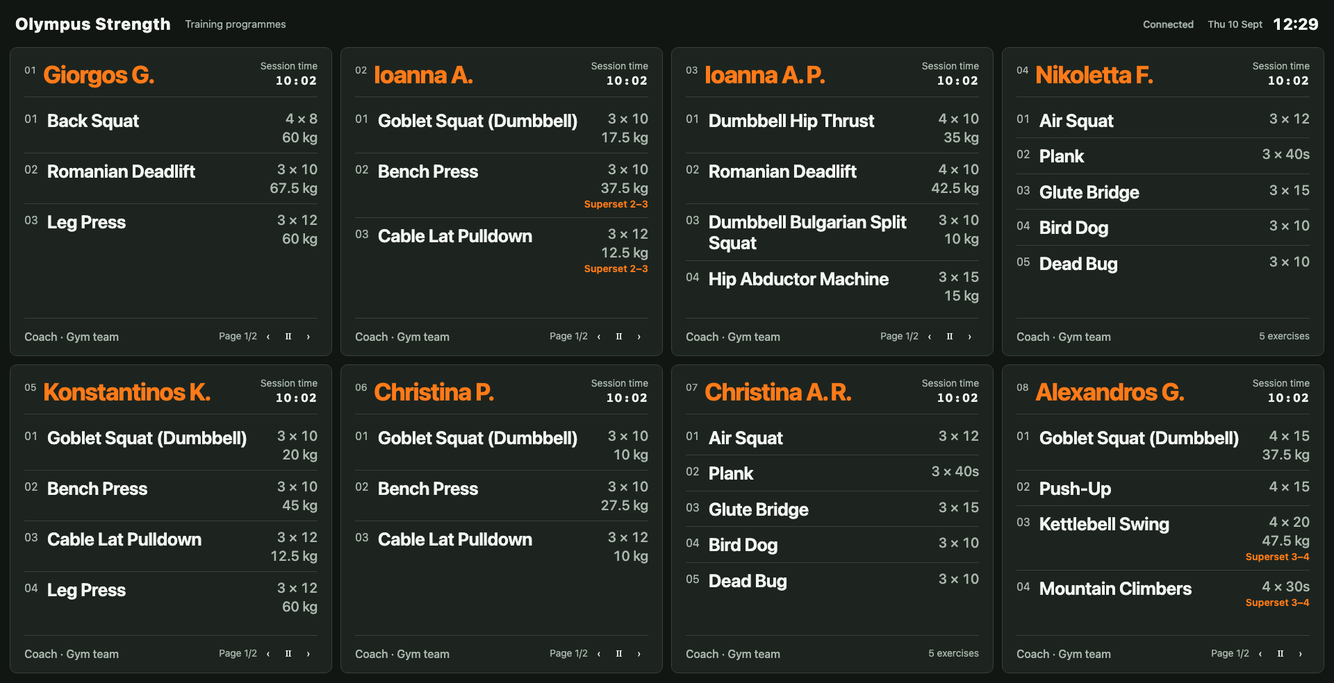 The real FitnessVOps display with eight individual programmes on a large gym wall screen.