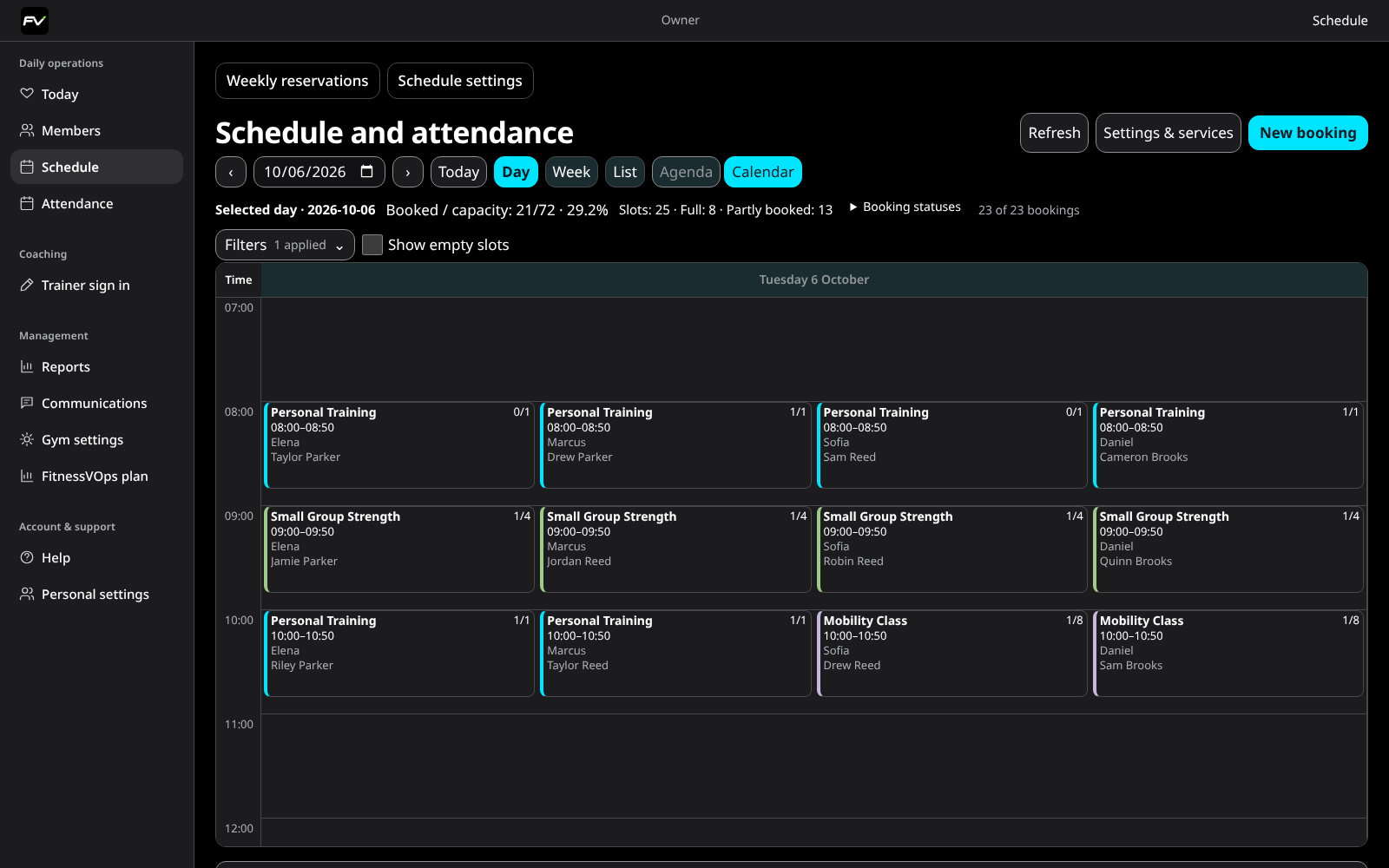 Owner calendar showing coaches, services and available places.