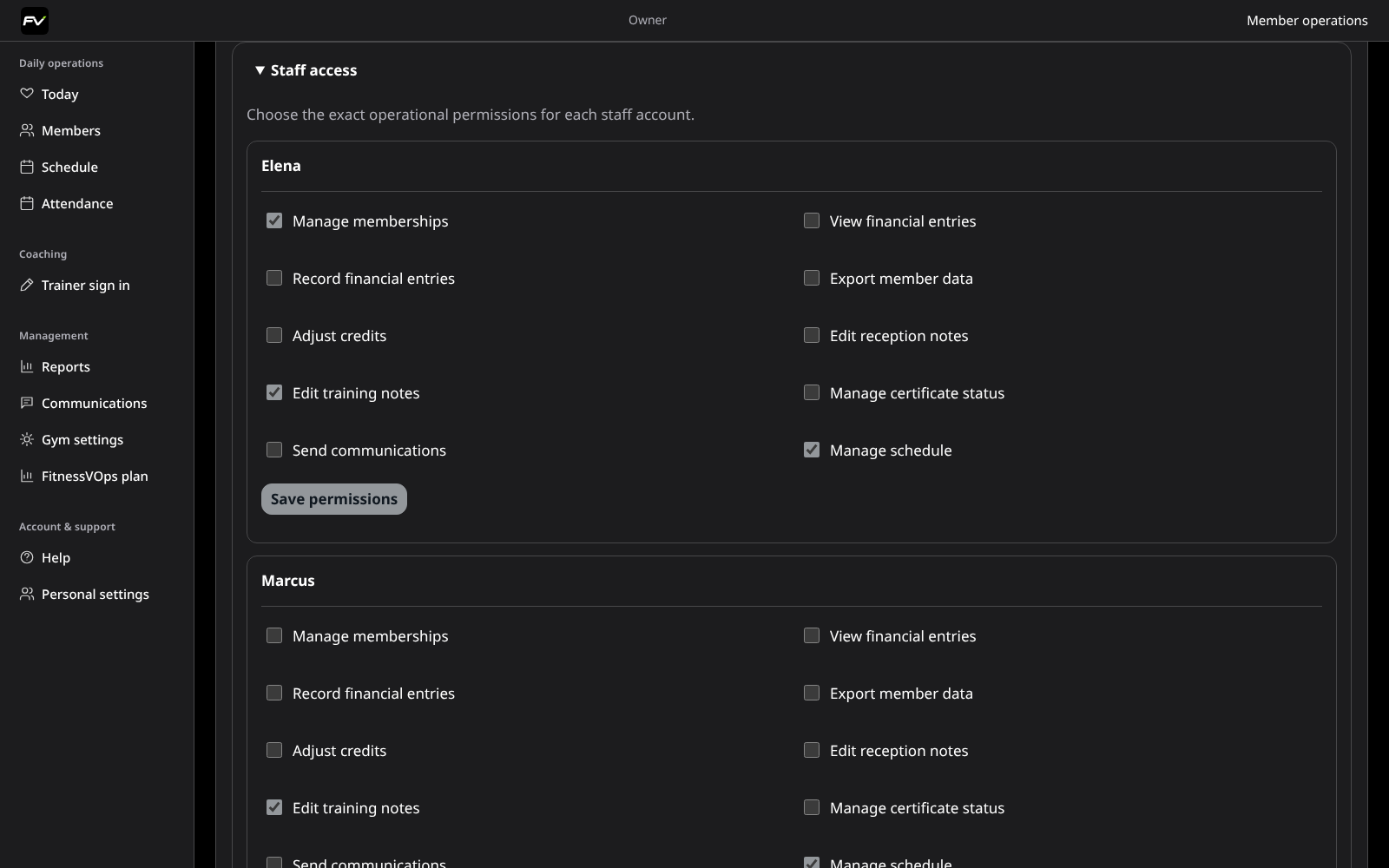 Staff access workspace with coach permissions and schedule management.