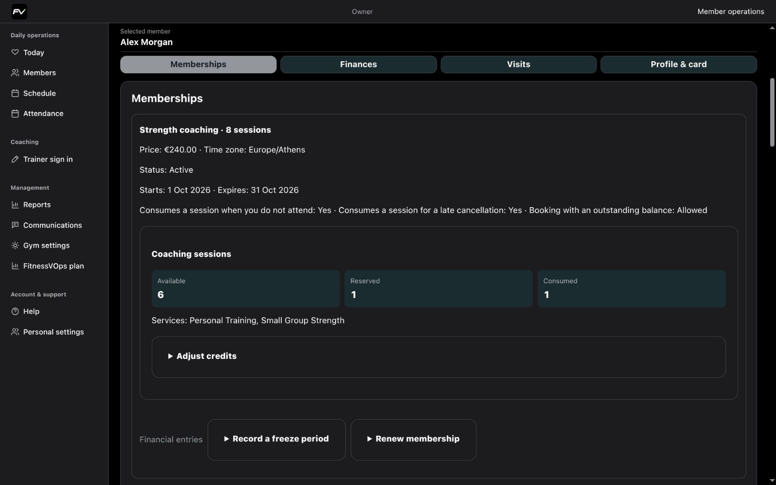 Membership workspace with remaining credits and renewal controls.